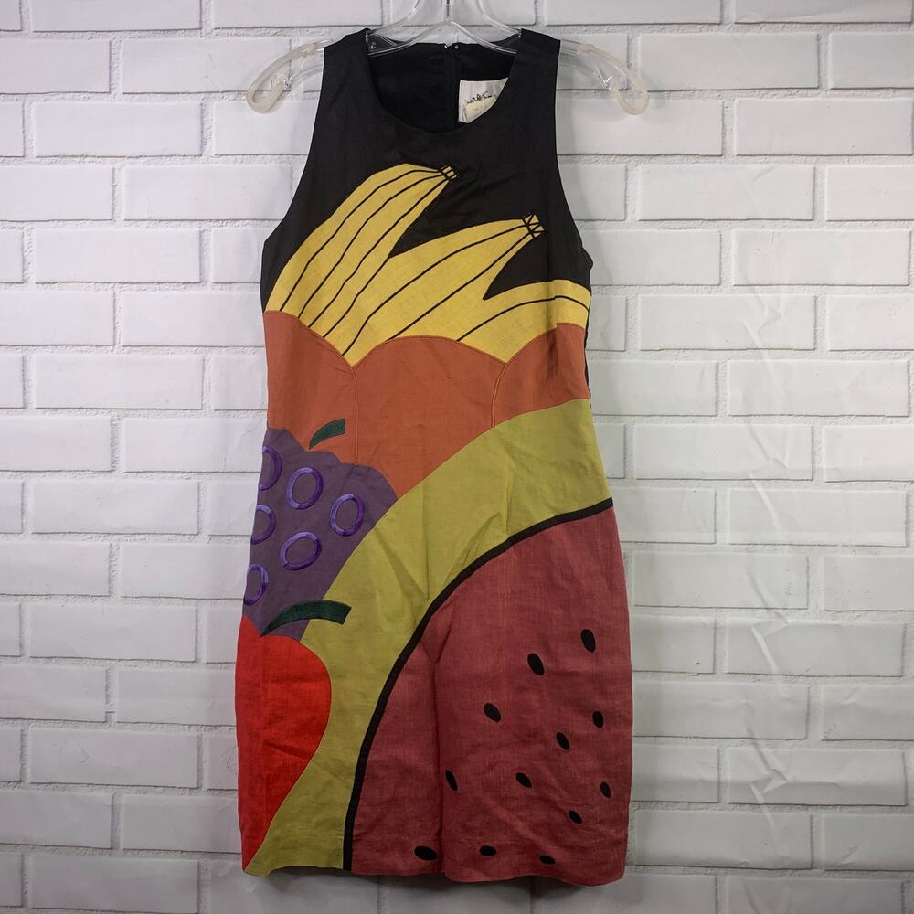 vintage 90s MyMara linen colorblock sheath dress fruit novelty embroidey size 6